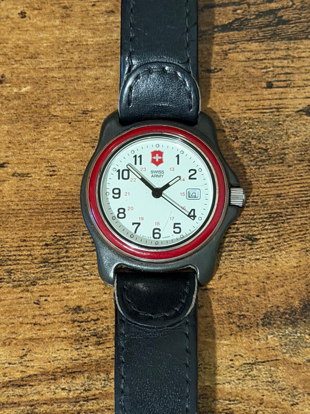 Vintage Victorinox Swiss Army Quartz Watch White Dial Red Bezel Black Case